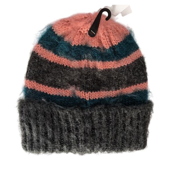 Topshop Fuzzy Knit Beanie Pink Teal Gray Striped Winter Hat - Picture 2 of 7